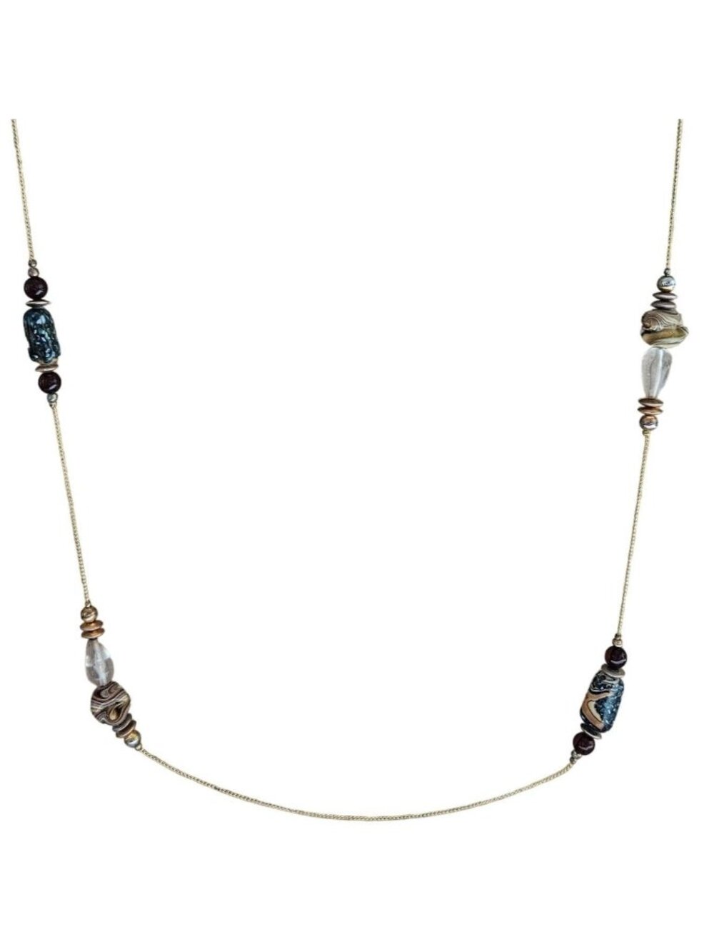 African Trade Bead Inspired Necklace Gold Tone Chain Tribal Fashion Jewelry